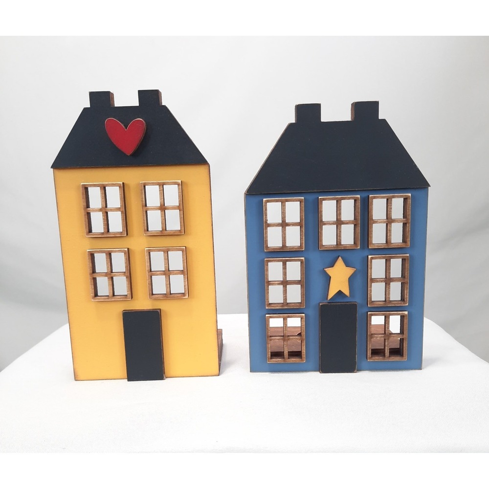 Vintage Primitive Folk Art Wood Votive Candle Holder Saltbox House Set of 2